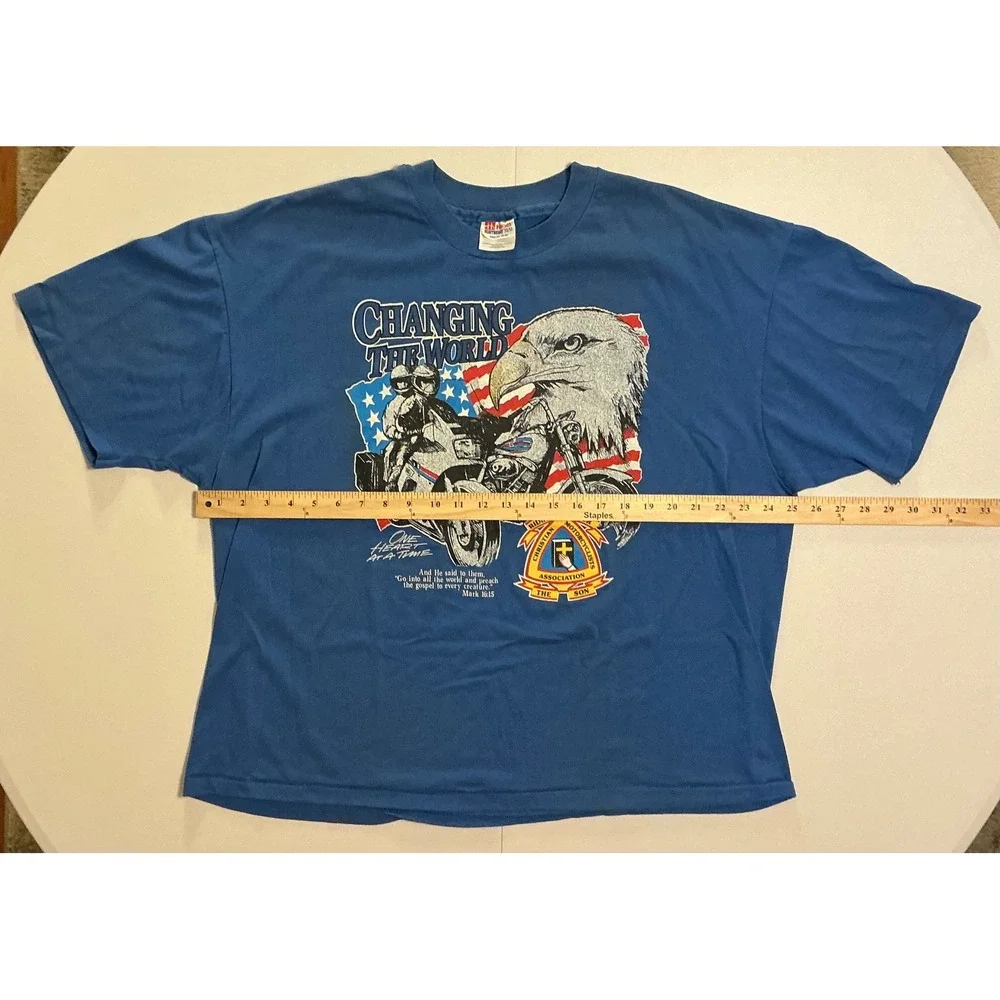 VTG USA Made‎ Single Stitch Christian Motorcycle Grunge T-Shirt Blue XXL Eagle